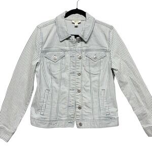 Style & Co Railroad Stripe Denim Jacket Womens Retro Blue White Retro Coat Sz M